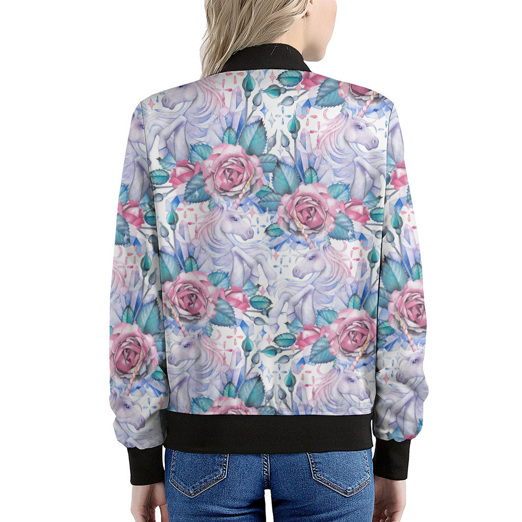 White Fairy Rose Unicorn Pattern Print Women's Bomber Jacket