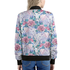 White Fairy Rose Unicorn Pattern Print Women's Bomber Jacket