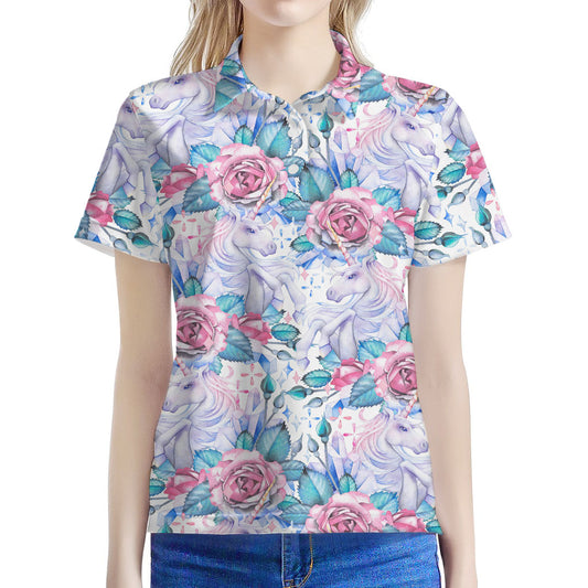White Fairy Rose Unicorn Pattern Print Women's Polo Shirt