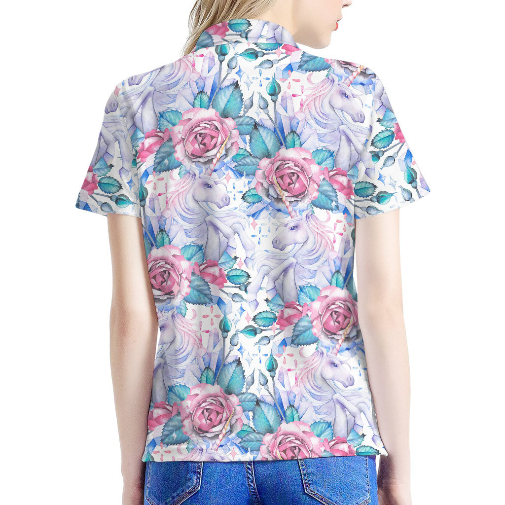 White Fairy Rose Unicorn Pattern Print Women's Polo Shirt