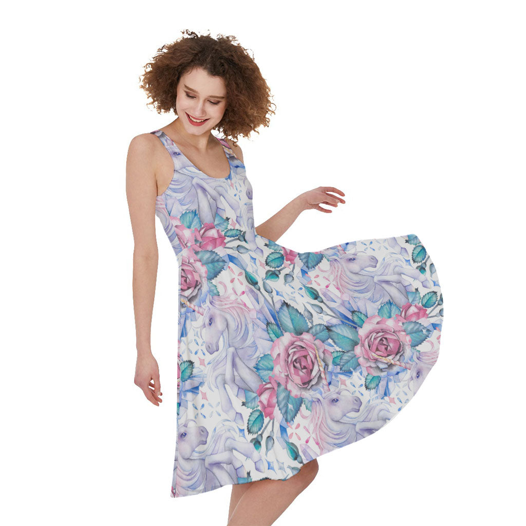 White Fairy Rose Unicorn Pattern Print Women's Sleeveless Dress