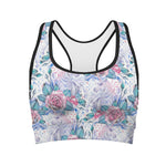 White Fairy Rose Unicorn Pattern Print Women's Sports Bra