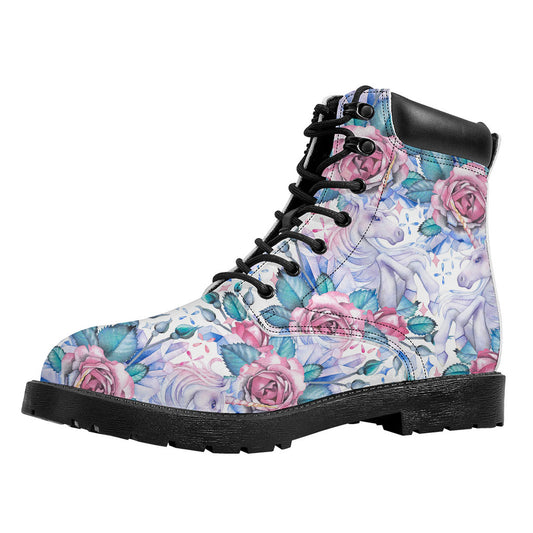 White Fairy Rose Unicorn Pattern Print Work Boots