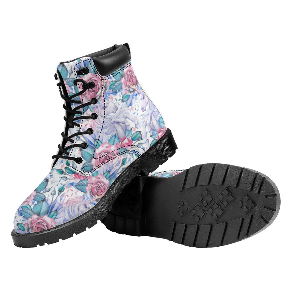 White Fairy Rose Unicorn Pattern Print Work Boots