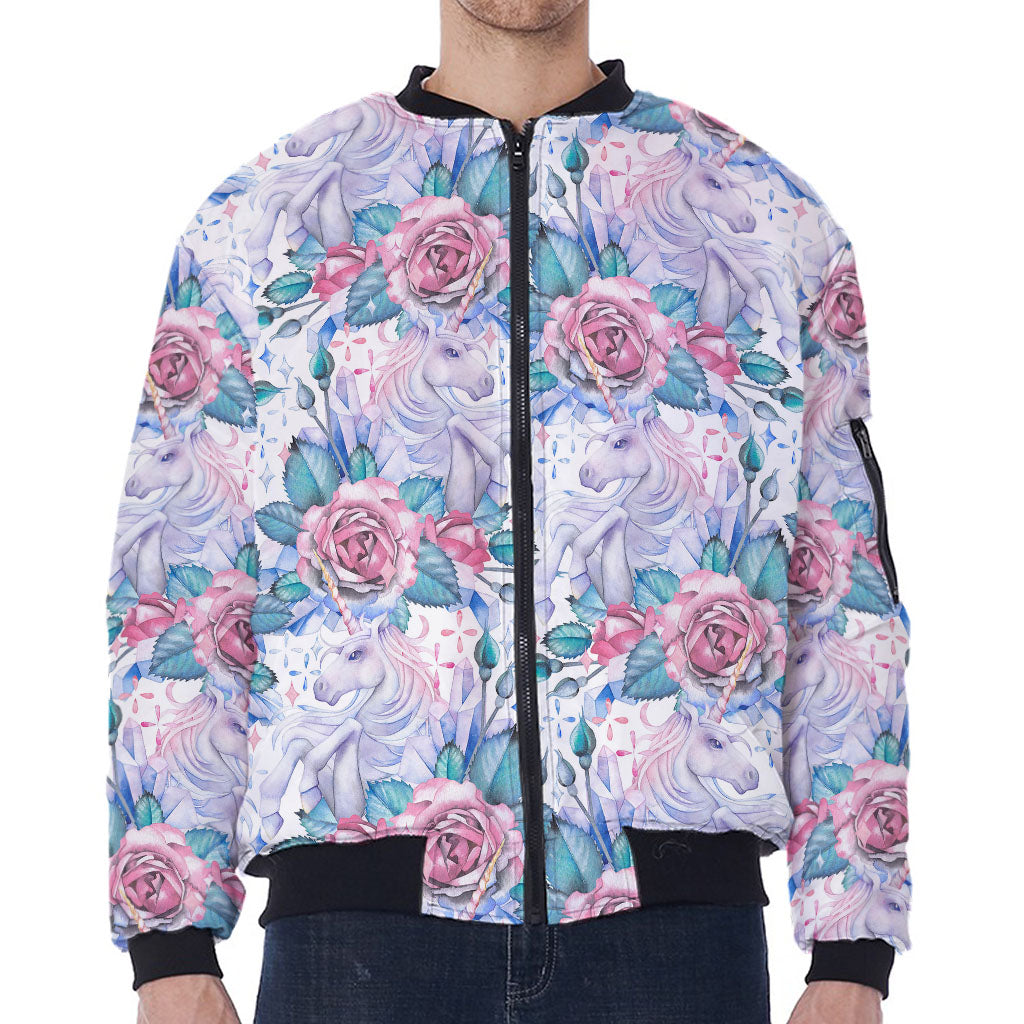 White Fairy Rose Unicorn Pattern Print Zip Sleeve Bomber Jacket