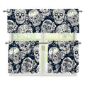 White Floral Sugar Skull Pattern Print 3 Piece Kitchen Curtains