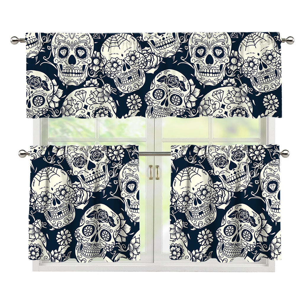 White Floral Sugar Skull Pattern Print 3 Piece Kitchen Curtains