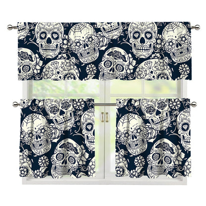 White Floral Sugar Skull Pattern Print 3 Piece Kitchen Curtains