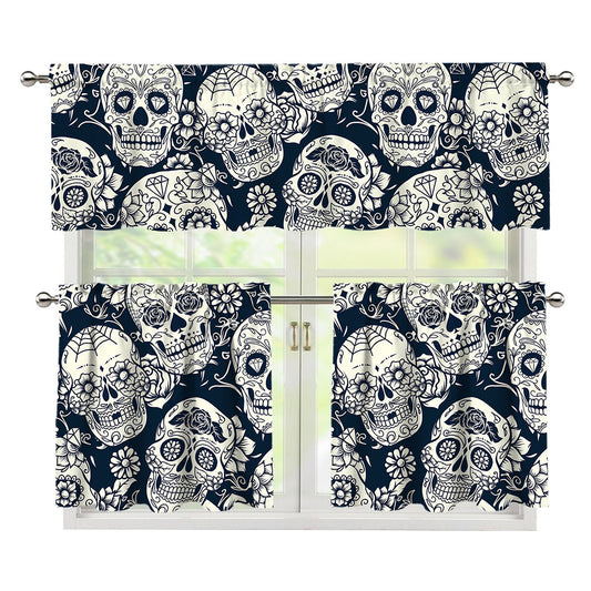 White Floral Sugar Skull Pattern Print 3 Piece Kitchen Curtains