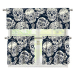 White Floral Sugar Skull Pattern Print 3 Piece Kitchen Curtains