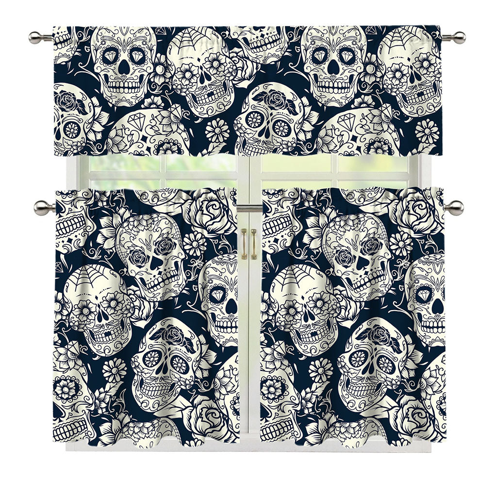 White Floral Sugar Skull Pattern Print 3 Piece Kitchen Curtains
