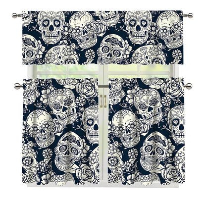 White Floral Sugar Skull Pattern Print 3 Piece Kitchen Curtains