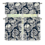 White Floral Sugar Skull Pattern Print 3 Piece Kitchen Curtains