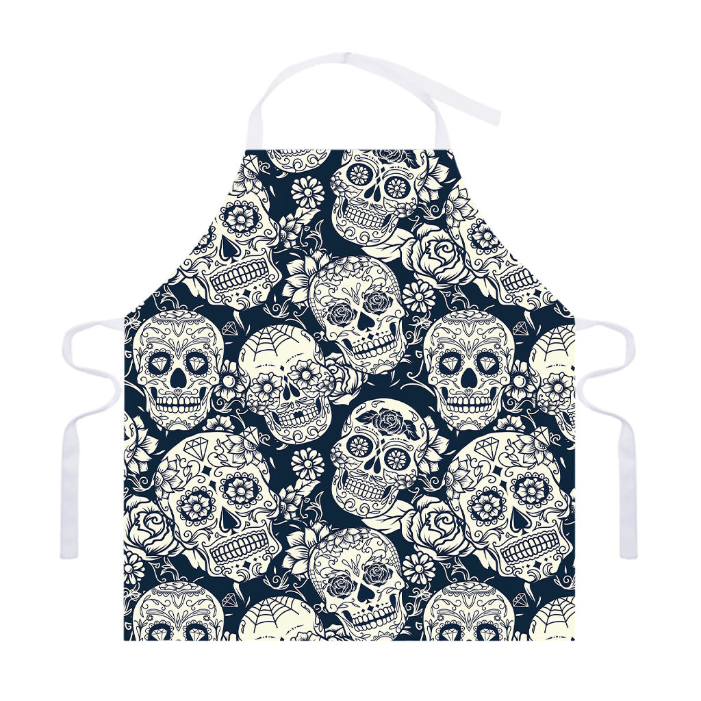 White Floral Sugar Skull Pattern Print Adjustable Apron