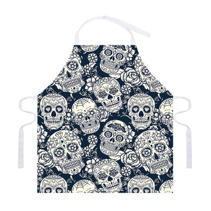 White Floral Sugar Skull Pattern Print Adjustable Apron