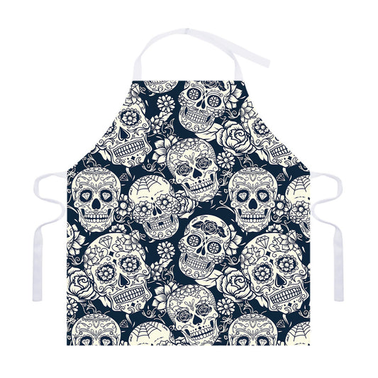 White Floral Sugar Skull Pattern Print Adjustable Apron