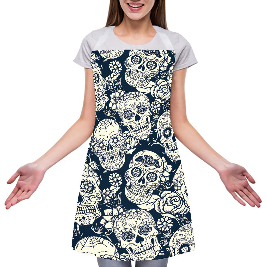 White Floral Sugar Skull Pattern Print Adjustable Apron