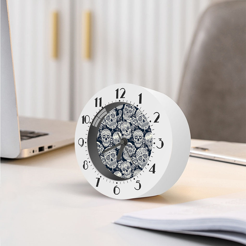 White Floral Sugar Skull Pattern Print Alarm Clock