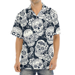 White Floral Sugar Skull Pattern Print Aloha Shirt