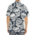 White Floral Sugar Skull Pattern Print Aloha Shirt