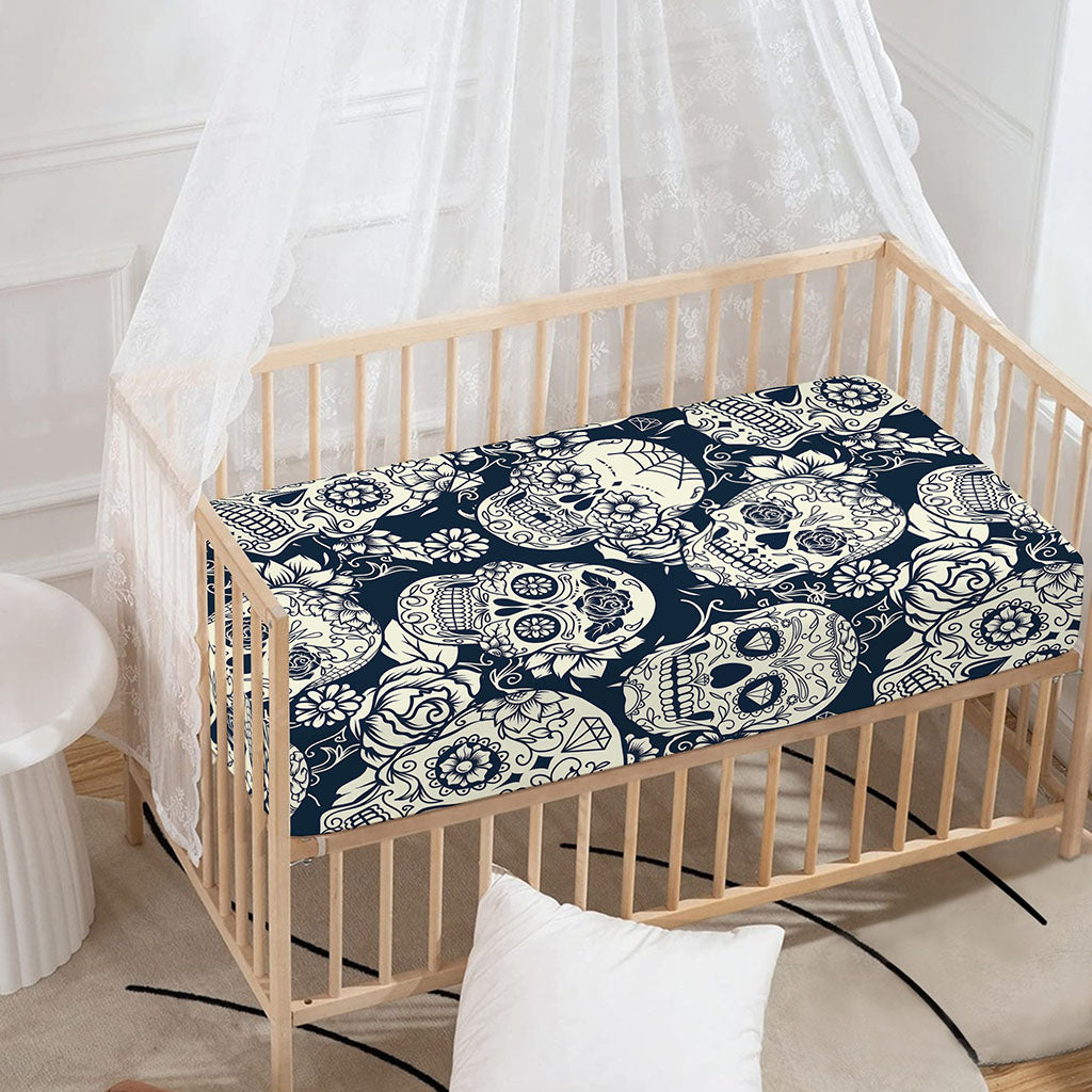 White Floral Sugar Skull Pattern Print Baby Crib Sheet