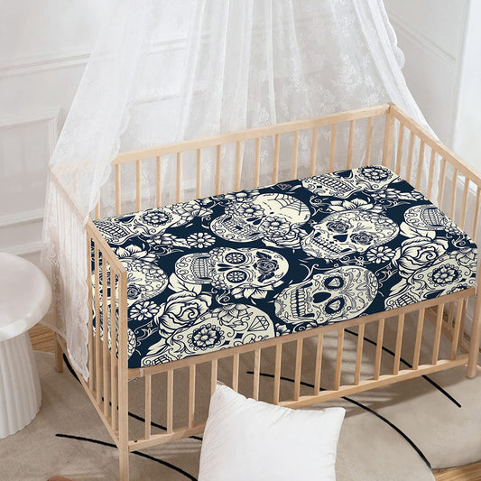 White Floral Sugar Skull Pattern Print Baby Crib Sheet