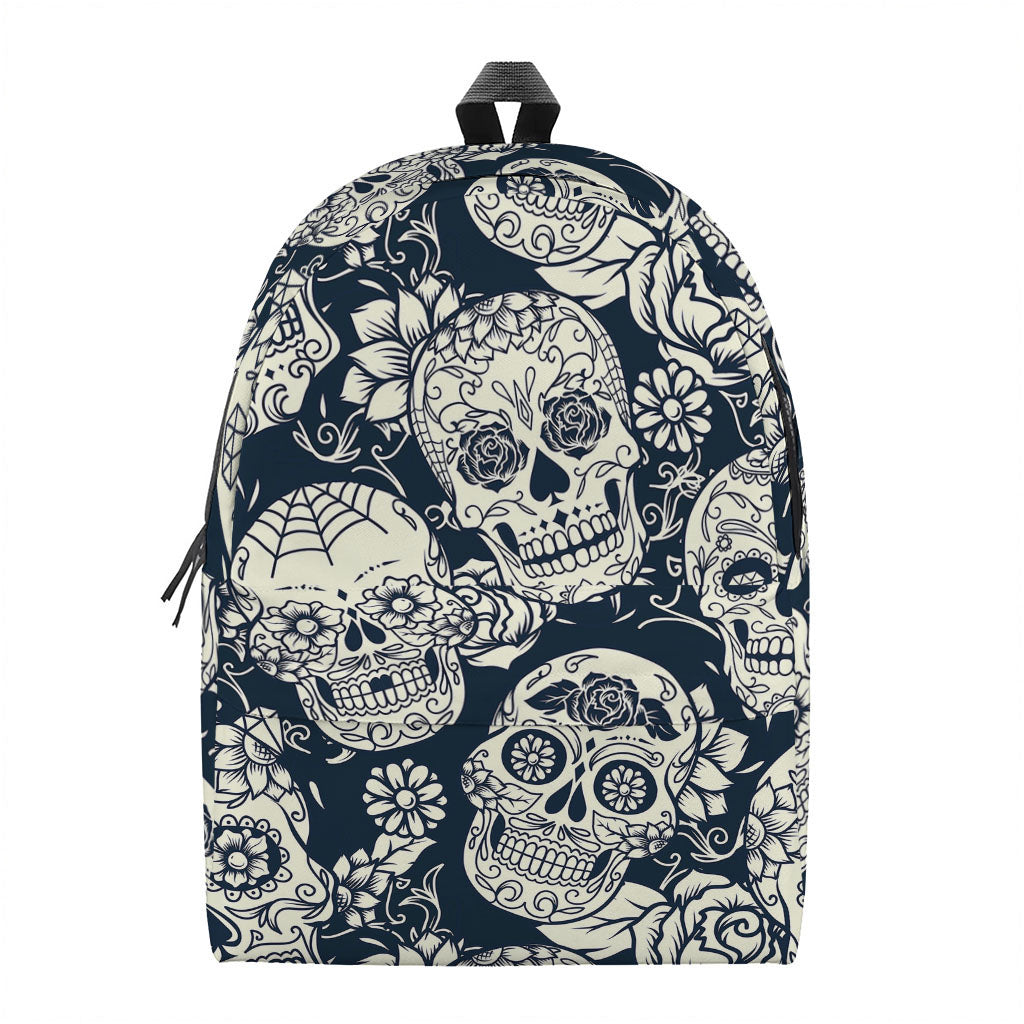 White Floral Sugar Skull Pattern Print Backpack