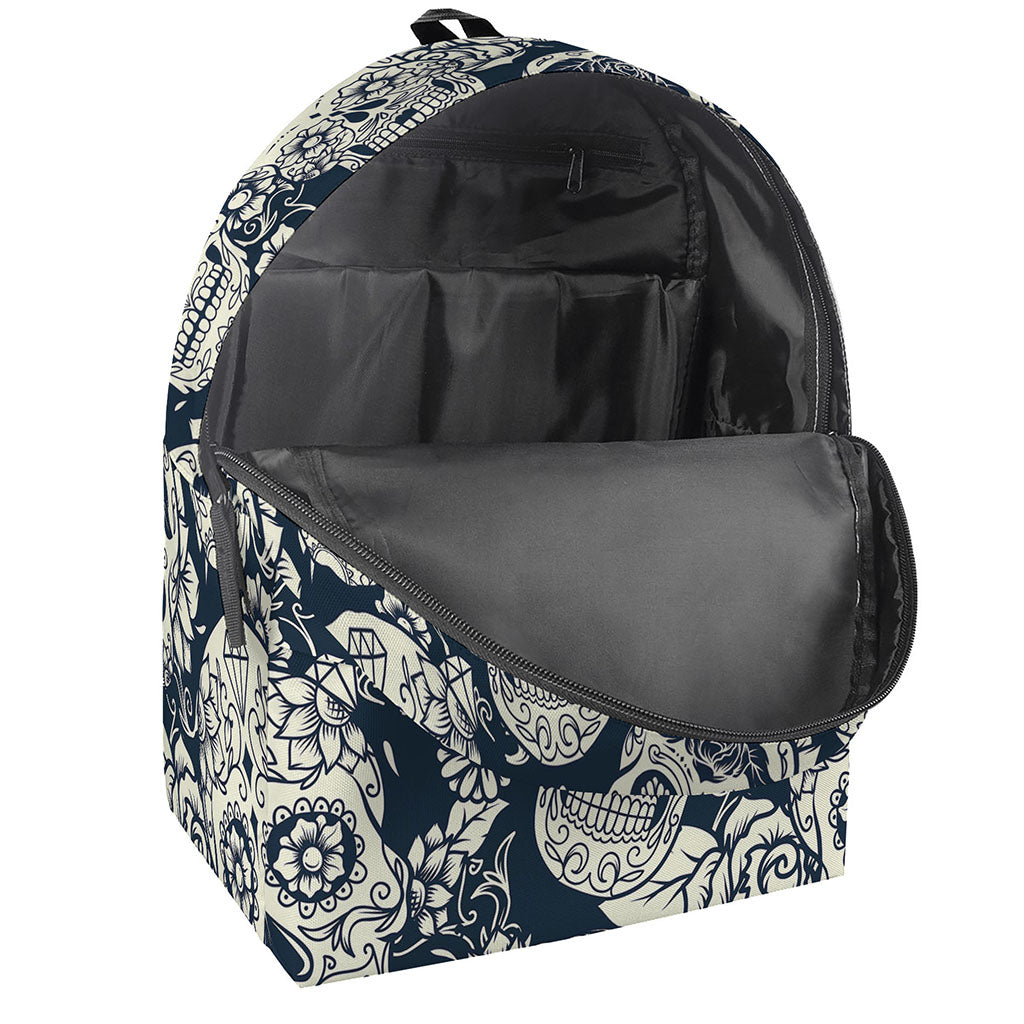 White Floral Sugar Skull Pattern Print Backpack