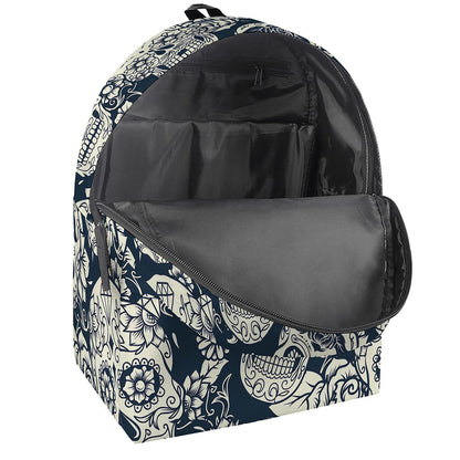 White Floral Sugar Skull Pattern Print Backpack