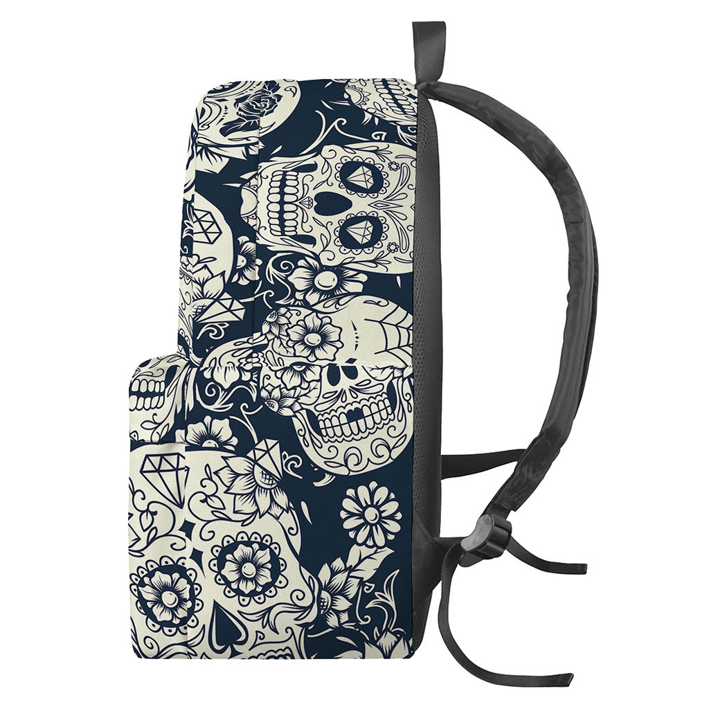 White Floral Sugar Skull Pattern Print Backpack