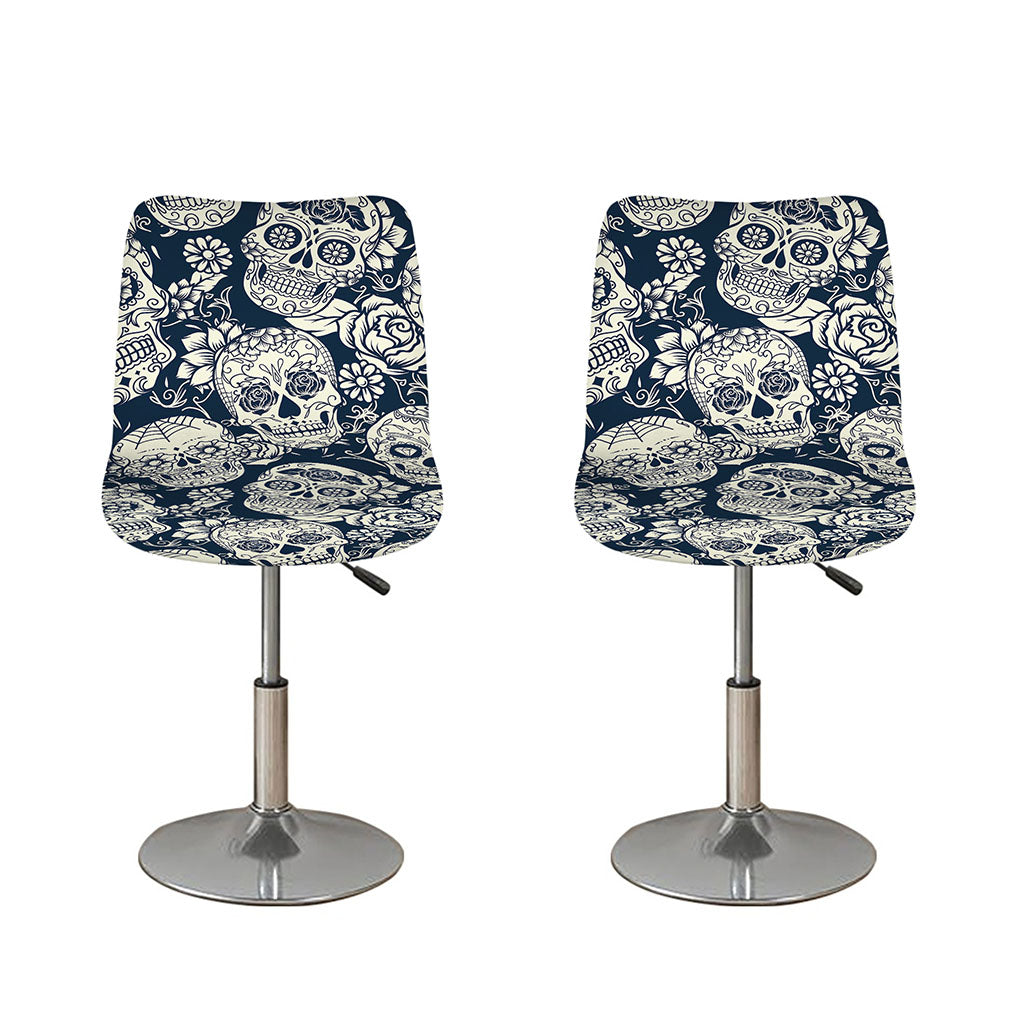 White Floral Sugar Skull Pattern Print Bar Stool Covers