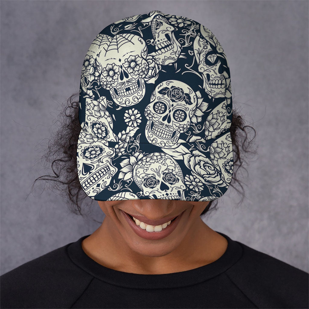 White Floral Sugar Skull Pattern Print Baseball Cap