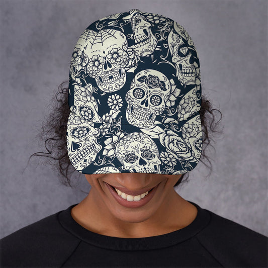 White Floral Sugar Skull Pattern Print Baseball Cap