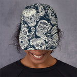 White Floral Sugar Skull Pattern Print Baseball Cap