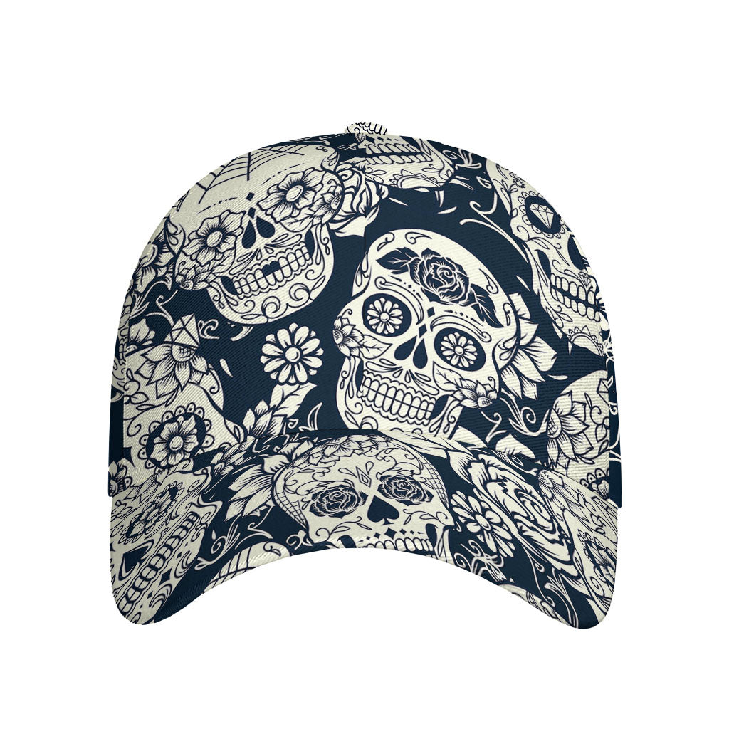 White Floral Sugar Skull Pattern Print Baseball Cap
