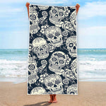 White Floral Sugar Skull Pattern Print Beach Towel