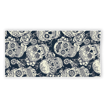 White Floral Sugar Skull Pattern Print Beach Towel