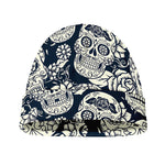 White Floral Sugar Skull Pattern Print Beanie