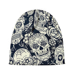 White Floral Sugar Skull Pattern Print Beanie