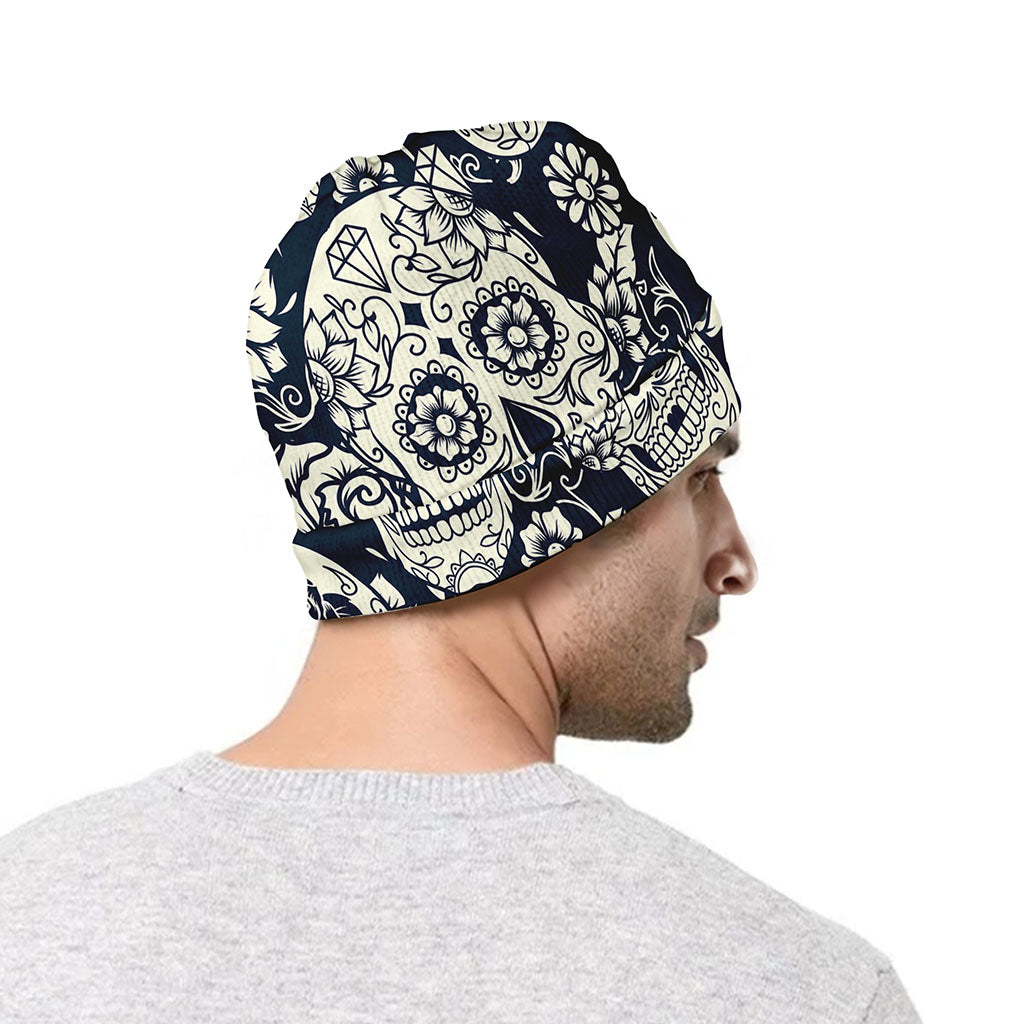 White Floral Sugar Skull Pattern Print Beanie