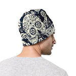 White Floral Sugar Skull Pattern Print Beanie