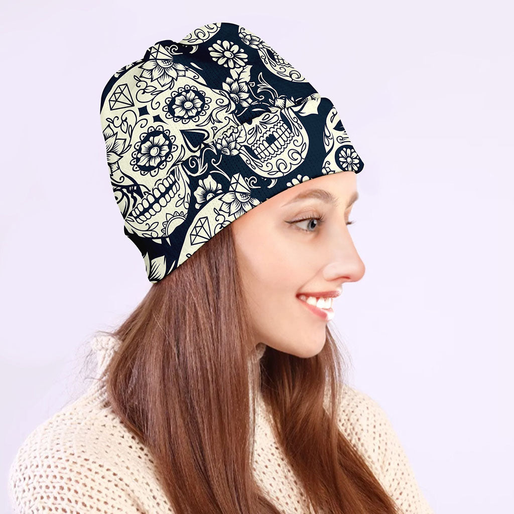White Floral Sugar Skull Pattern Print Beanie