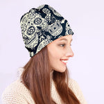 White Floral Sugar Skull Pattern Print Beanie