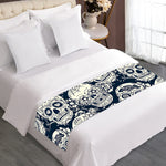 White Floral Sugar Skull Pattern Print Bed Runner