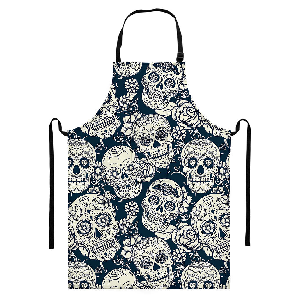 White Floral Sugar Skull Pattern Print Bib Apron With Pocket