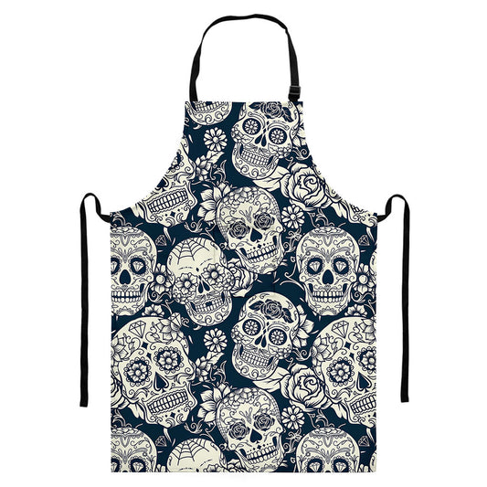 White Floral Sugar Skull Pattern Print Bib Apron With Pocket