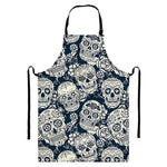 White Floral Sugar Skull Pattern Print Bib Apron With Pocket