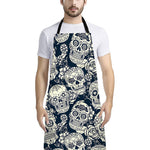 White Floral Sugar Skull Pattern Print Bib Apron With Pocket