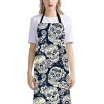 White Floral Sugar Skull Pattern Print Bib Apron With Pocket