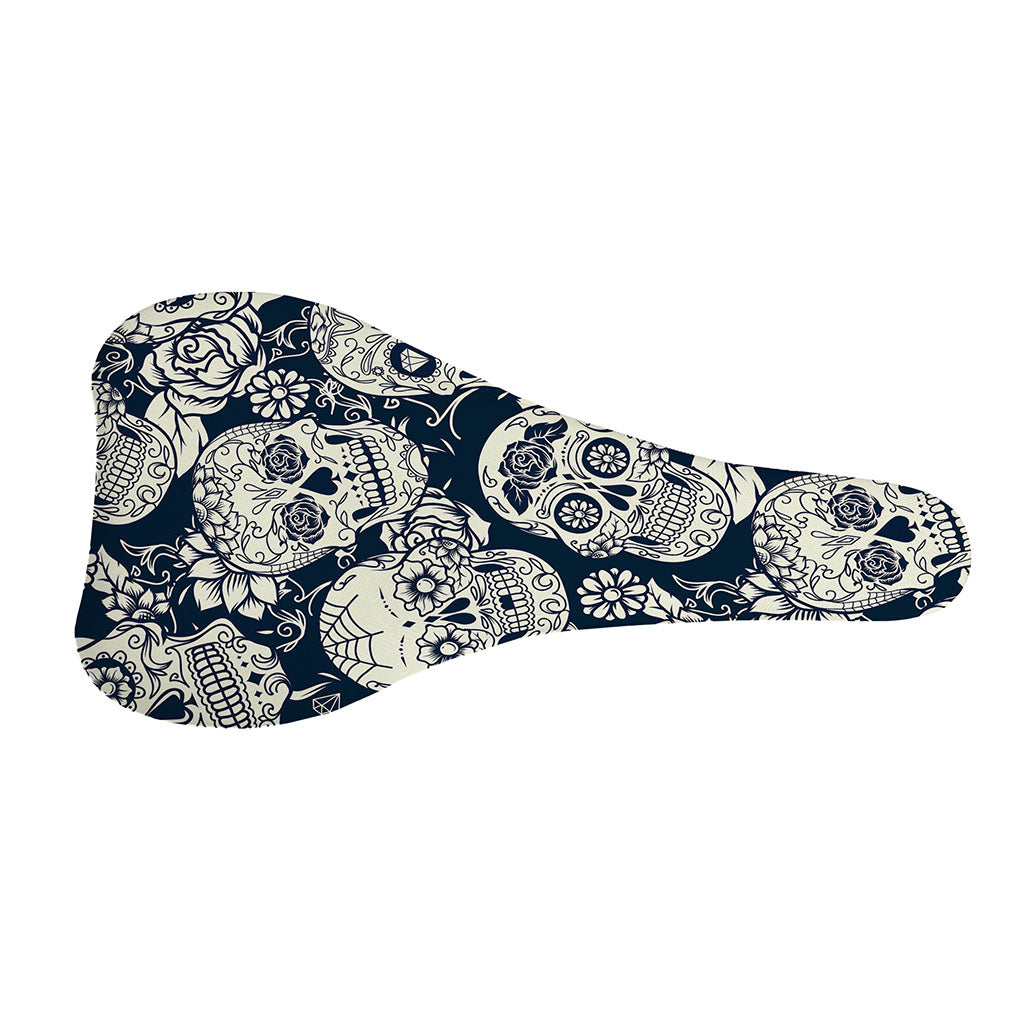 White Floral Sugar Skull Pattern Print Bicycle Seat Cover